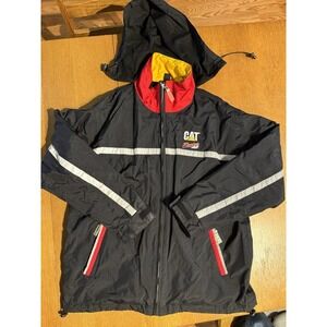 Vintage CAT Racing Jacket Men's Black Hooded Nylon Mesh Lined Full‎ Zip Snap